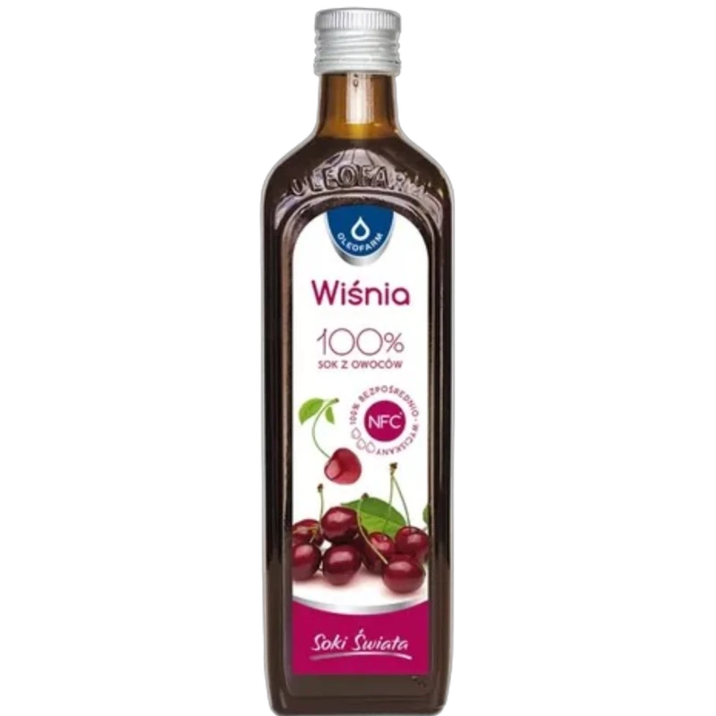 Oleofarm Wiśnia 100% sok z owoców NFC,  490 ml  - Bezpośrednio wyciskany, pasteryzowany sok w ciemnej szklanej butelce