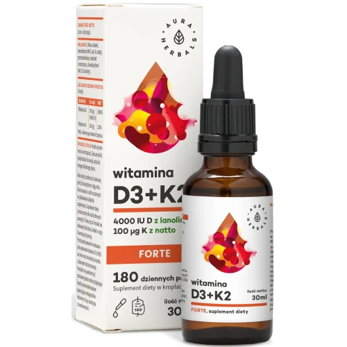 Aura Herbals Witamina D3 4000 IU + K2 Forte, 30 ml - Naturalne źródło witaminy D3 i K2 z natto na bazie oliwy z oliwek