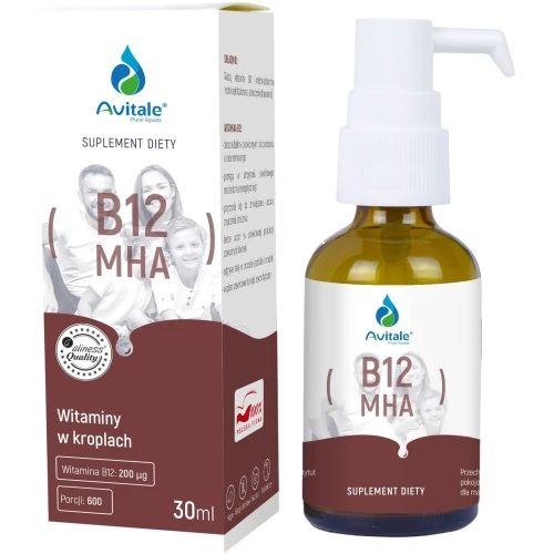 Avitale Witamina B12 MHA 200 µq Krople, 30 ml - Potrójna kombinacja bioaktywnych form witaminy B12