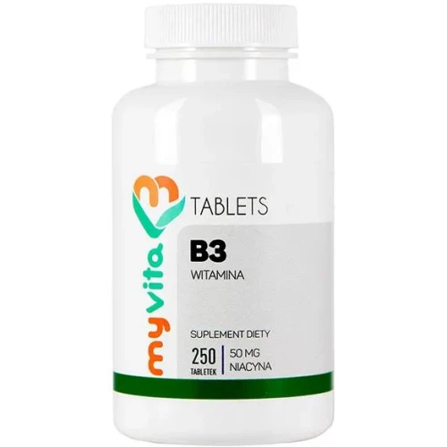 MyVita Witamina B3, niacyna 50 mg, 250 tabletek - Wysoka porcja niacyny – wsparcie funkcjonowaniu układu nerwowego