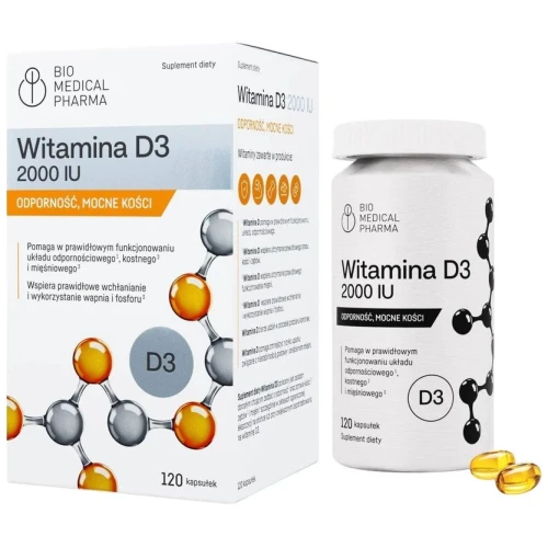 Bio Medical Pharma Witamina D3 2000 IU, 120 kapsułek - Uzupełnia witaminę, która dba dporność, mocne kości i prawidłową pracę mięśni
