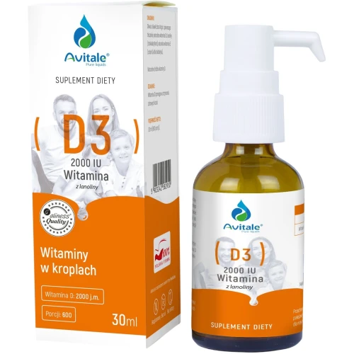 Avitale Witamina D3 2000 IU z lanoliny Krople, 30 ml - Naturalna witamina D w oliwie z oliwek