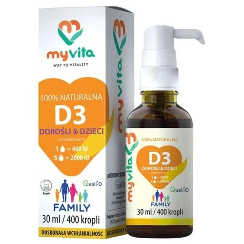 MyVita Naturalna Witamina D3 Family, krople dla dzieci i dorosłych, 30 ml - Naturalna witamina D3 Quali-D w oliwie z oliwek BIO