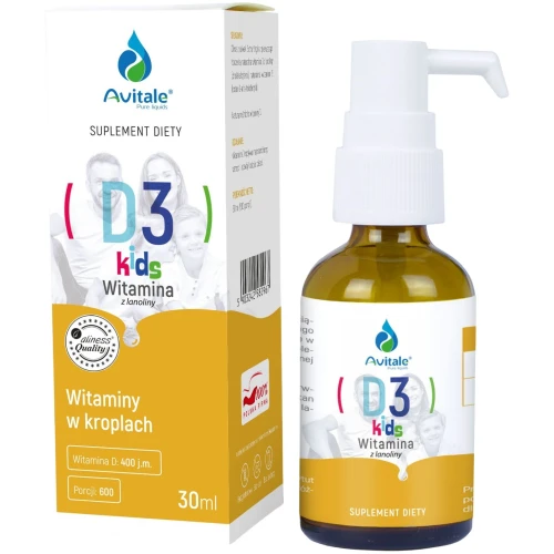 Avitale Witamina D3 KIDS 400 j.m. z lanoliny Krople, 30 ml - Witamina D dla dzieci
