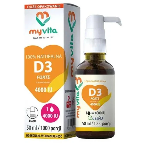 MyVita Naturalne Witamina D3 Forte 4000 j.m., krople 50 ml - Pozyskiwana naturalnie z lanoliny rozpuszczona w oliwie oliwek