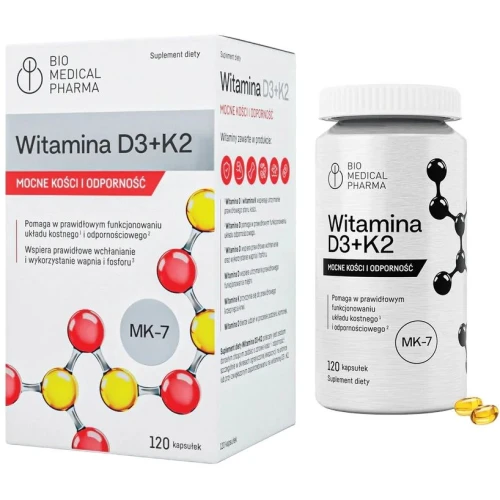 Bio Medical Pharma Witamina D3+K2, 120 kapsułek - Dla wsparcia kości i odporności