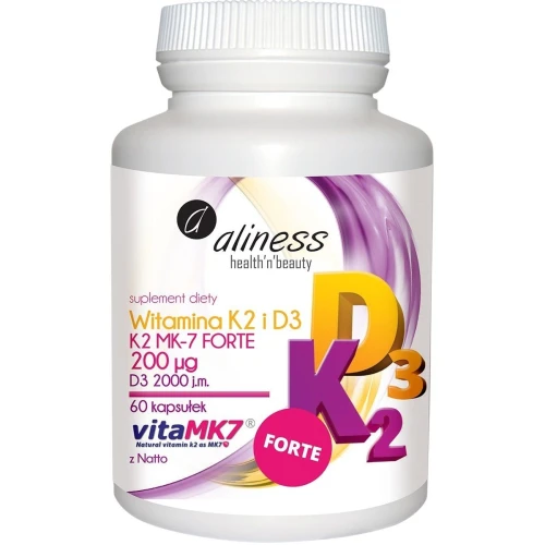 Aliness Witamina K2 MK-7 Forte 200 µg z Natto + D3, 60 kapsułek - Wsparcie zdrowych kości i odporności