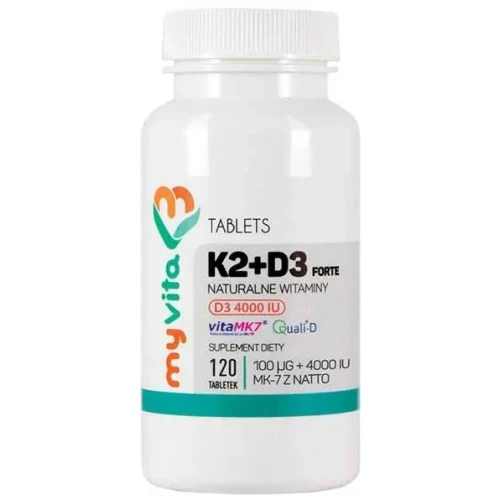 MyVita Naturalne Witamina K2 MK-7 + D3 Forte, 120 tabletek - Witaminy wspierające zdrowie kości, zębów i odporność