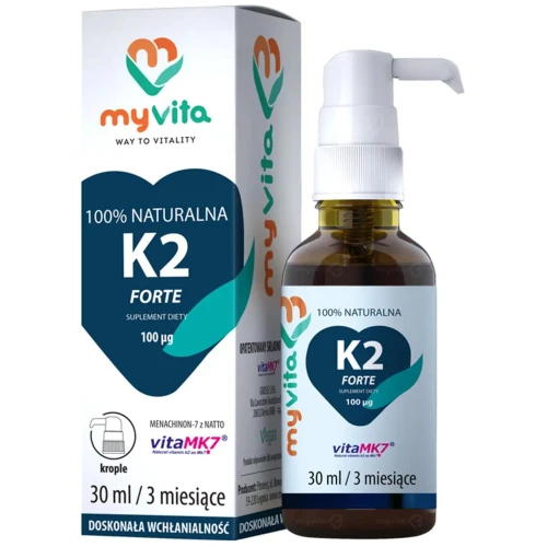 MyVita Naturalna, Witamina K2 Forte 100 µg, krople 30 ml - Witamina K2 z natto VitaMK-7® w oliwie z oliwek extra virgin
