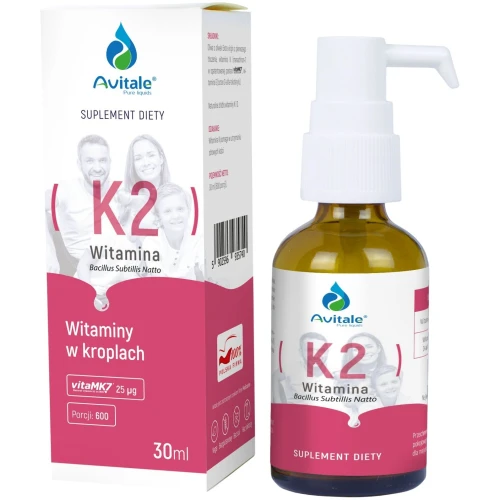 Avitale Witamina K2 25 µg Krople, 30 ml - Witamina K rozpuszczona w oliwie z oliwek z pierwszego tłoczenia