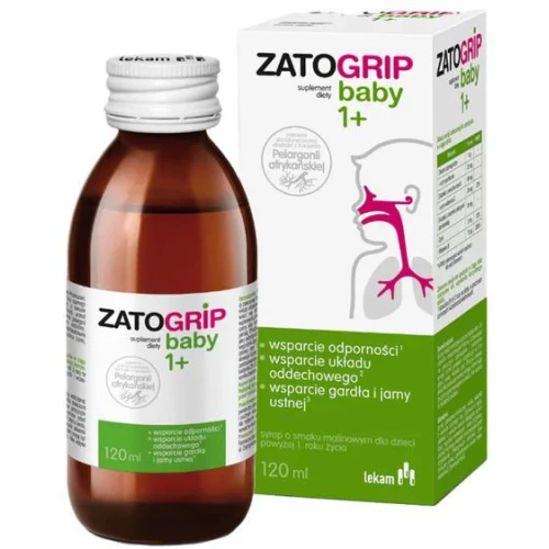 ZatoGrip Baby 1+, smak malinowy, syrop 120 ml - Ekstrakt z korzenia pelargonii i owoców czarnego bzu 