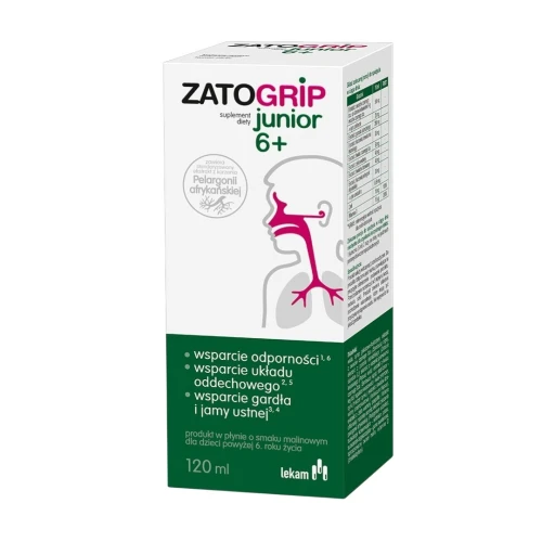 Zatogrip Junior 6+ smak malinowy,  płyn 120 ml - Ekstrakty z pelargonii i czarnego bzu, wspierają odporność u dzieci od 6. roku życia