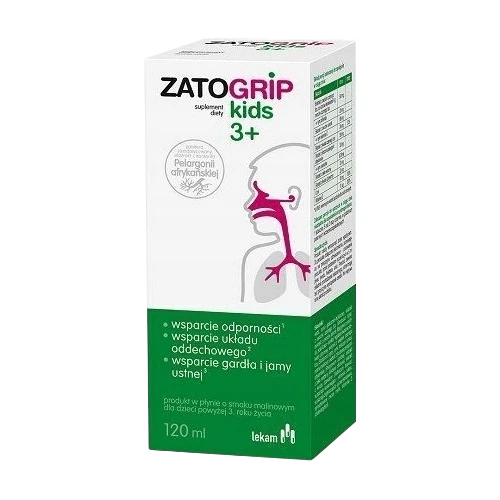 Zatogrip Kids 3+ smak malinowy, płyn 120 ml - Ekstrakty roślinne wspomagają prawidłowe funkcjonowaniu układu odpornościowego