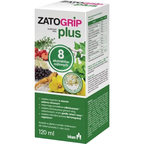 Zatogrip Plus smak malinowy, płyn 120 ml - Ekstrakty roślinne wspierają orgaznizm  w  okresie jesienno–zimowym