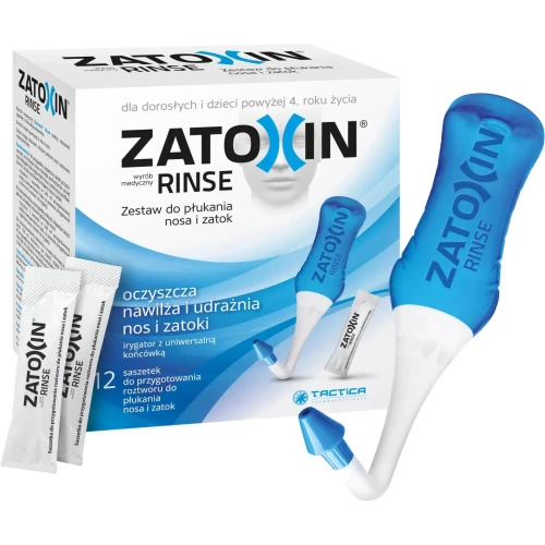 Zatoxin Rinse, zestaw do płukania nosa i zatok, 1 butelka + 12 saszetek - Zestaw podstawowy do płukania nosa i zatok, wspierający higienę nosa