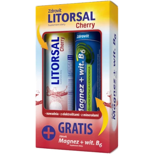 Zdrovit Litorsal Cherry + Magnez B6, 2 x 24 tabletki musujące - Zestaw z elektrolitami i magnezem
