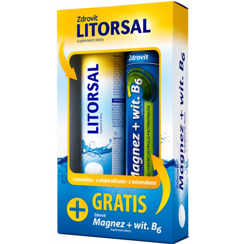 Zdrovit Litorsal + Magnez B6, 2 x 24 tabletki musujące - Zestaw z elektrolitami i magnezem