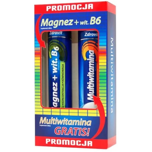 Zdrovit Magnez + Wit. B6 + Multiwitamina, 2 x 24 tabletki musujące - Zestaw witamin z magnezem  dla ogólnego wsparcia organizmu
