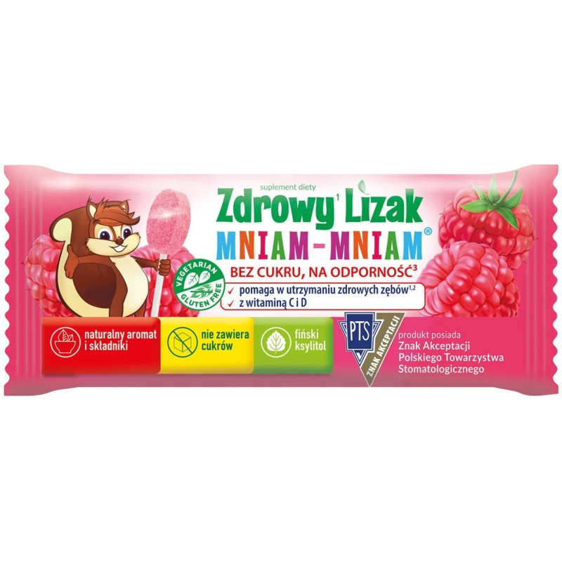Zdrowy Lizak Mniam-Mniam o smaku malinowym, bez cukru, 1 sztuka - Z witaminą C i D dla dzieci i dorosłych
