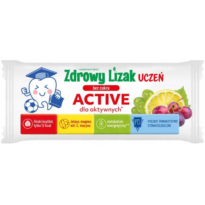 Zdrowy Lizak Uczeń Bez Cukru Active, 1 sztuka - Smak winogrono-cytryna