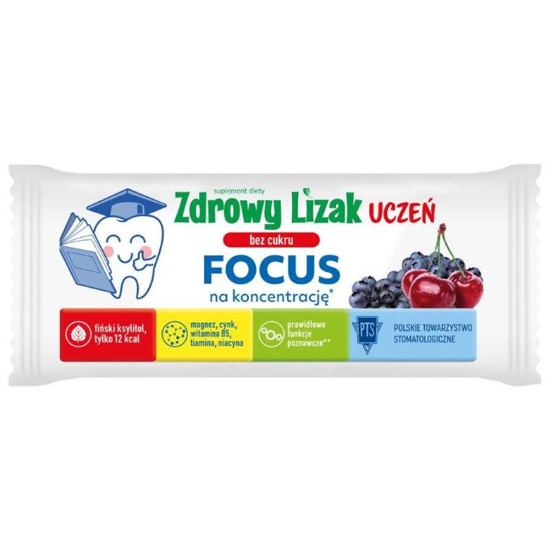 Zdrowy Lizak Uczeń Bez Cukru Focus, 1 sztuka - Smak wiśniowo-jagodowy