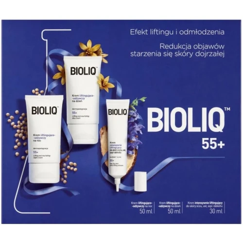 Bioliq 55+ Zestaw - krem intensywnie liftingujący do skóry oczu, ust, szyi i dekoltu, 30 ml + krem na dzień, 50 ml + krem na noc, 50 ml - Poprawa jędrności i elastyczności skóry