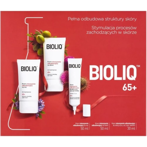Bioliq 65+ Zestaw - Krem intensywnie odbudowujący na dzień, 50 ml + krem na noc, 50 ml + krem pod oczy i okolice ust, szyi i dekoltu, 30 ml - Skuteczna pielęgnacja przeciwstarzeniowa