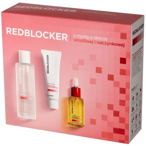 RedBlocker Zestaw - Koncentrat naprawczy, 30 ml + Krem na noc, 50 ml + Płyn micelarny, 200 ml - Kompleksowa pielęgnacja cery naczynkowej