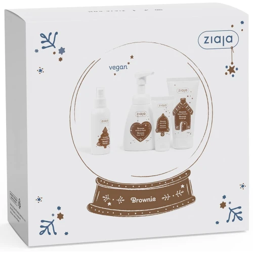 Ziaja Brownie, żel pod prysznic 160 ml + pianka do mycia 250 ml + mgiełka do ciała 100 ml + krem do rąk 50 ml - Zestaw o zapachu mocno czekoladowego brownie