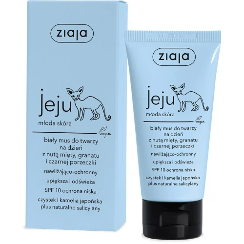 Ziaja Jeju Biały mus do twarzy na dzień SPF 10, 50 ml - Lekka nawilżająco-ochronna formuła - dla młodej skóry