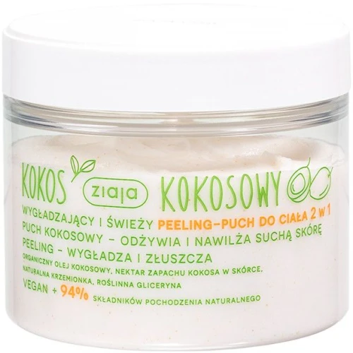 Ziaja Kokos Wygładzający i świeży peeling-puch do ciała 2w1, 270 ml - Delikatne złuszczanie i świeżość skóry z olejem kokosowym