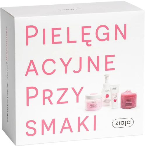 Ziaja Pielęgnacyjne Przysmaki, pianka myjąca 250 ml + peeling 300 ml + galaretka myjąca 260 ml + krem do rąk 50 ml - Zestaw o zapachu pianek marshmallow