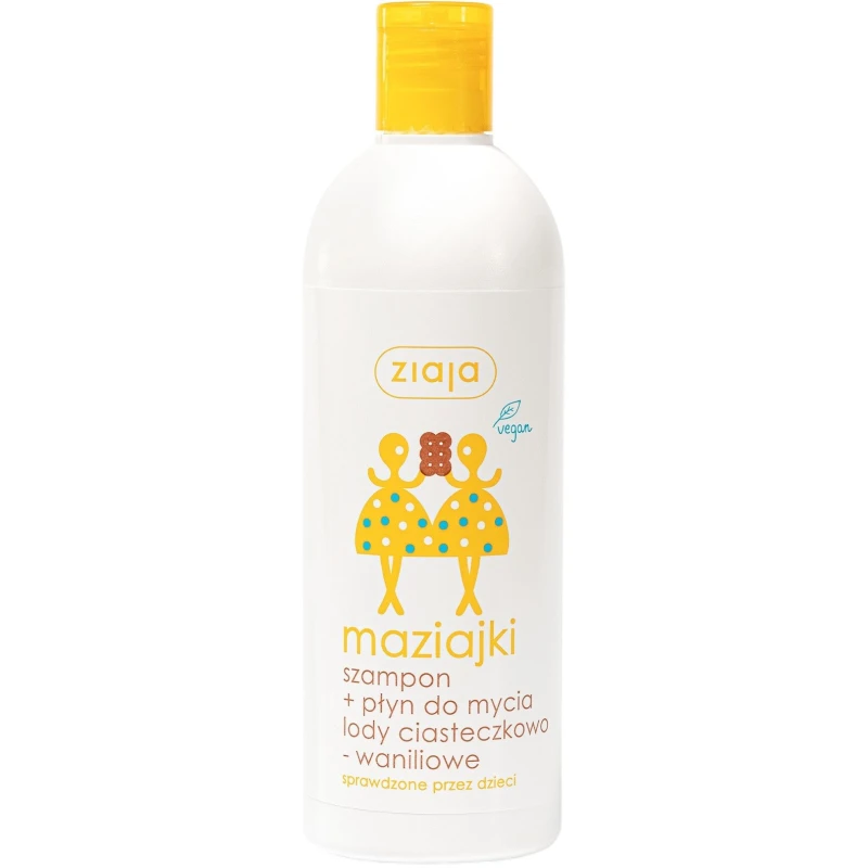 Ziaja Maziajki Szampon + płyn do mycia, lody ciasteczkowo-waniliowe, 400 ml - Łagodny preparat o słodkim zapachu lodów ciasteczkowo - waniliowych