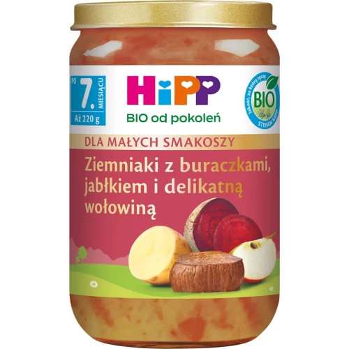 HiPP Ziemniaki z buraczkami, jabłkiem i delikatną wołowiną BIO, 220 g - Po 7. miesiącu