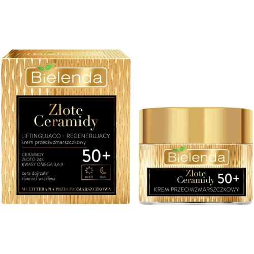 Bielenda Złote Ceramidy 50+ Liftingująco-regenerujący krem przeciwzmarszczkowy, 50 ml - Z ceramidami i 24-karatowym złotem
